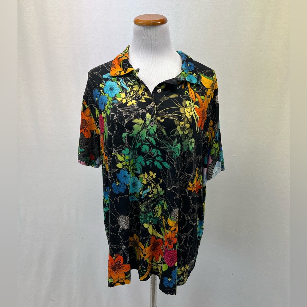 Johnny Was Black Floral Bamboo Jersey Nero Sequence Short Sleeve Polo Top Sz. 1X - Picture 2 of 6
